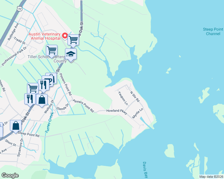 map of restaurants, bars, coffee shops, grocery stores, and more near 101 Holly Lane in Beaufort