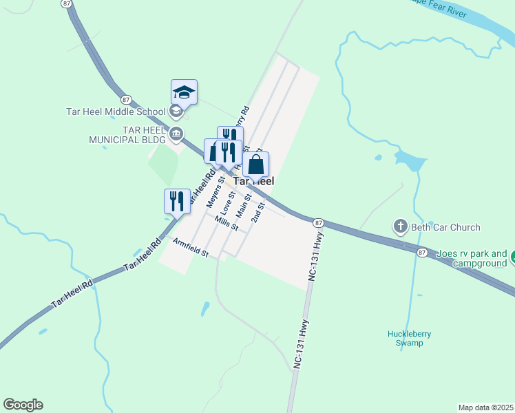 map of restaurants, bars, coffee shops, grocery stores, and more near 105 Robeson Street in Tar Heel