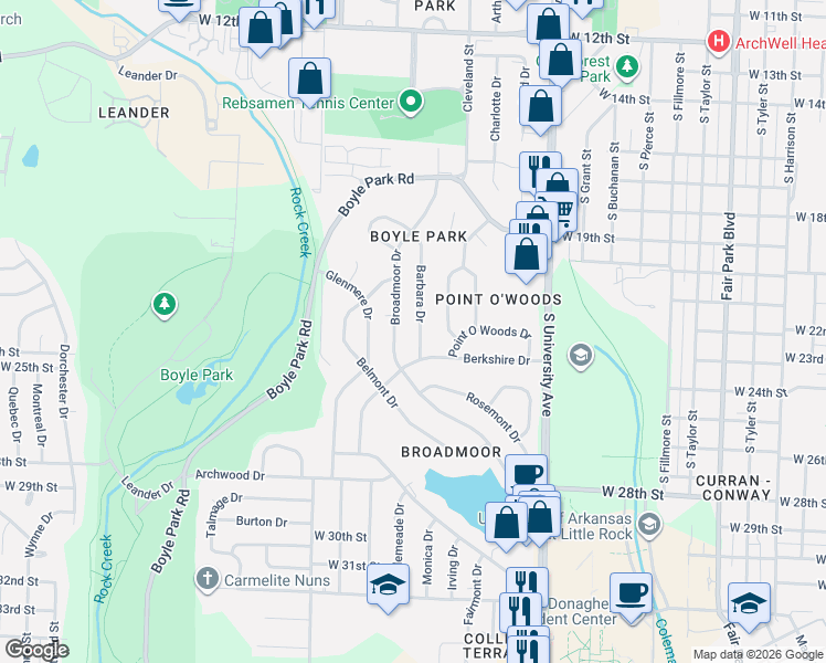 map of restaurants, bars, coffee shops, grocery stores, and more near 74 Broadmoor Drive in Little Rock