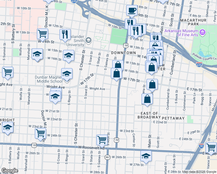 map of restaurants, bars, coffee shops, grocery stores, and more near 1800 South Arch Street in Little Rock