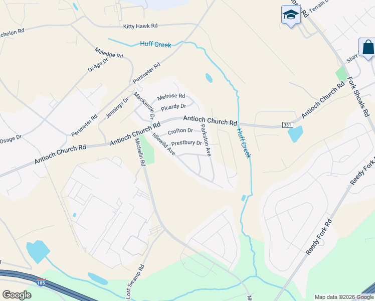 map of restaurants, bars, coffee shops, grocery stores, and more near 16 Prestbury Drive in Greenville