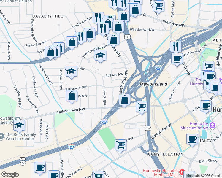 map of restaurants, bars, coffee shops, grocery stores, and more near 1004 Lee Drive Northwest in Huntsville