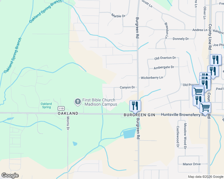 map of restaurants, bars, coffee shops, grocery stores, and more near 126 Canyon Drive in Madison