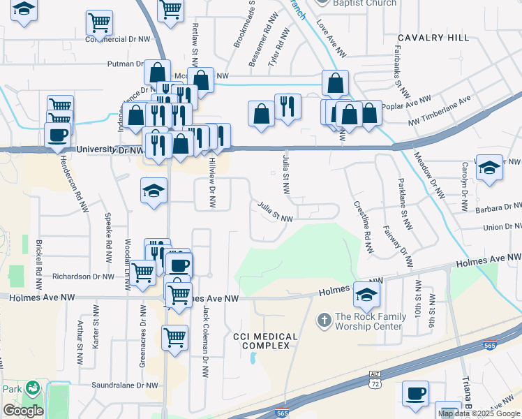 map of restaurants, bars, coffee shops, grocery stores, and more near 3726 North Crestview Drive Northwest in Huntsville