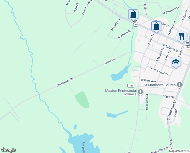 map of restaurants, bars, coffee shops, grocery stores, and more near 567 Johns Road in Maxton