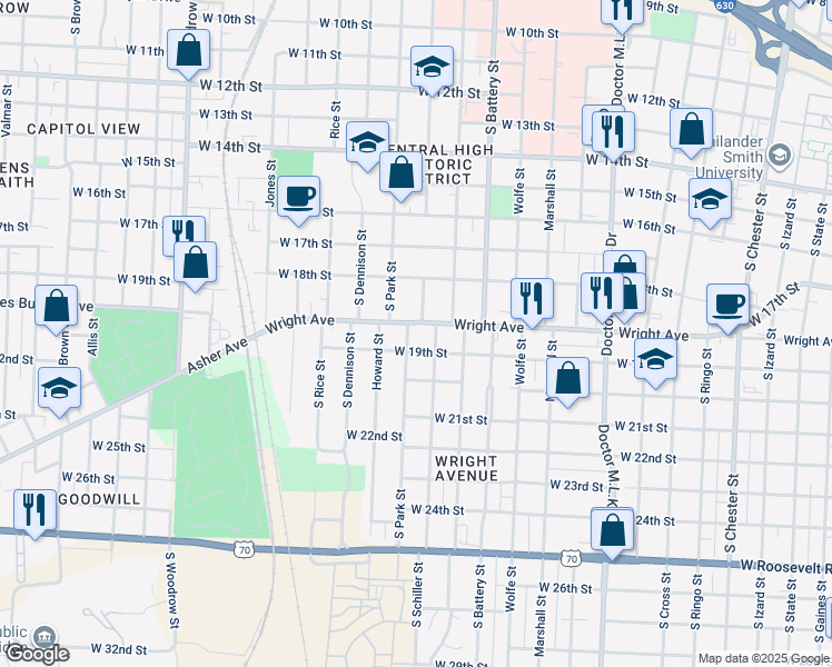 map of restaurants, bars, coffee shops, grocery stores, and more near 2020 Wright Avenue in Little Rock