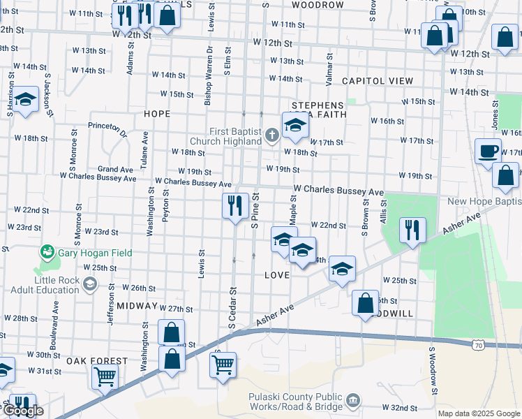 map of restaurants, bars, coffee shops, grocery stores, and more near 2020 South Pine Street in Little Rock