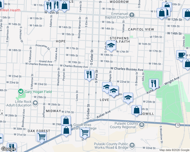 map of restaurants, bars, coffee shops, grocery stores, and more near 2020 South Pine Street in Little Rock