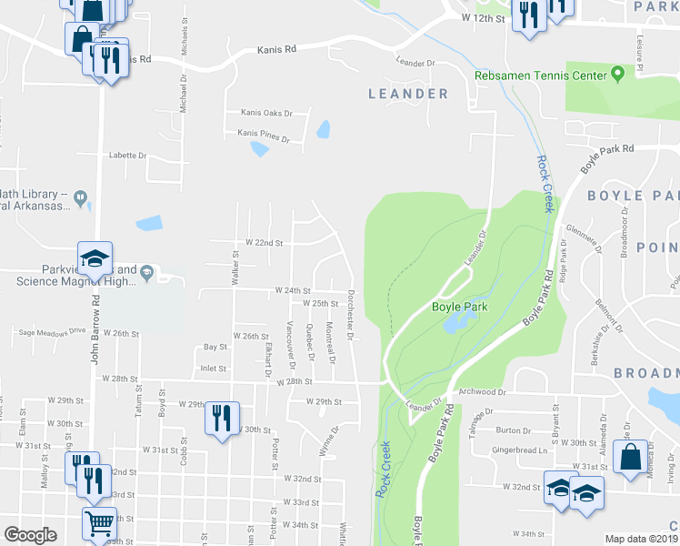 map of restaurants, bars, coffee shops, grocery stores, and more near 2226 Dorchester Drive in Little Rock