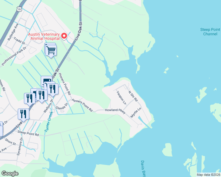 map of restaurants, bars, coffee shops, grocery stores, and more near 101 Holly Ln in Beaufort