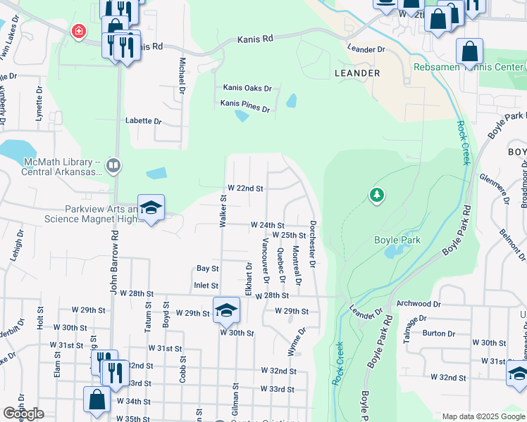 map of restaurants, bars, coffee shops, grocery stores, and more near 2306 Vancouver Drive in Little Rock