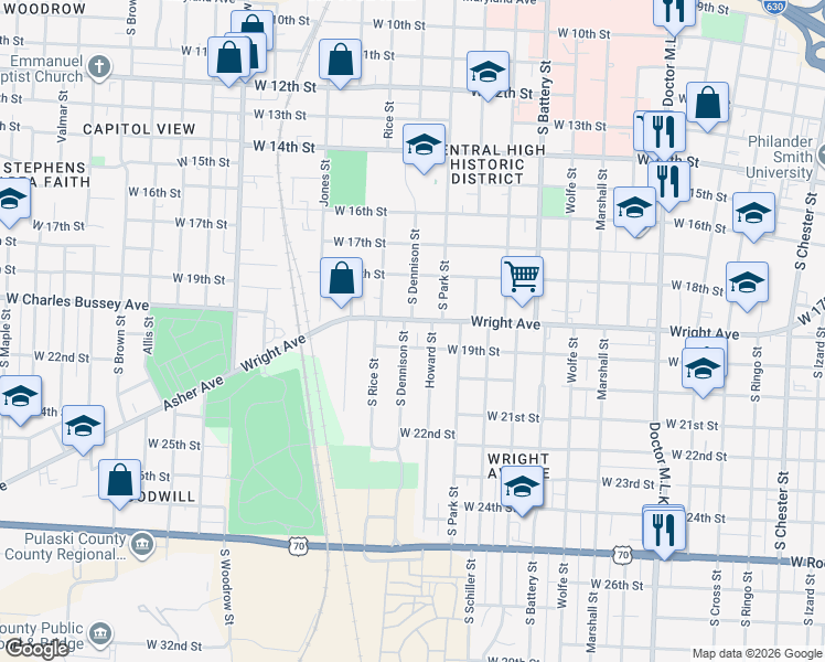 map of restaurants, bars, coffee shops, grocery stores, and more near in Little Rock