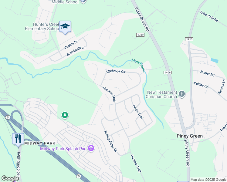 map of restaurants, bars, coffee shops, grocery stores, and more near 109 Honey Tree Court in Piney Green