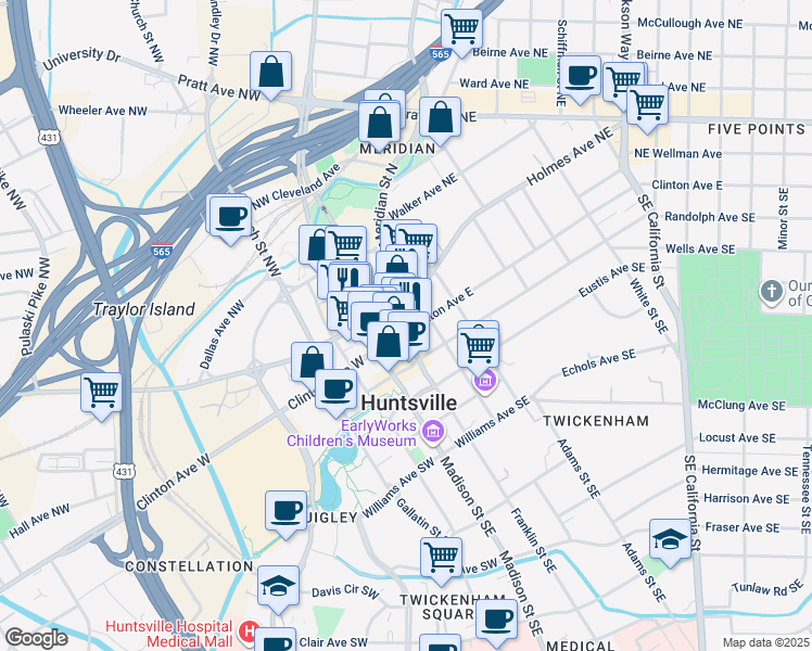 map of restaurants, bars, coffee shops, grocery stores, and more near 100 Washington Street Northeast in Huntsville