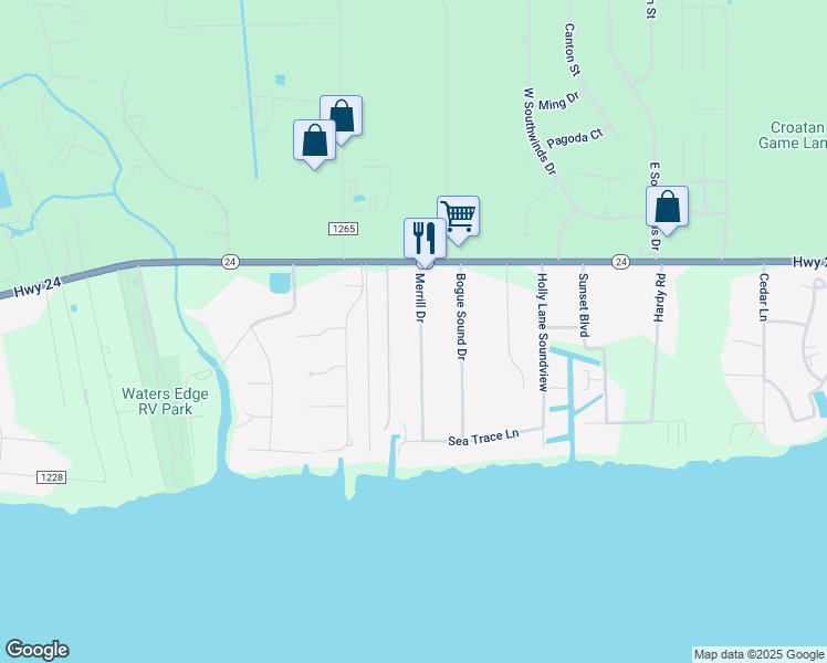 map of restaurants, bars, coffee shops, grocery stores, and more near 120 Merrill Dr in Newport