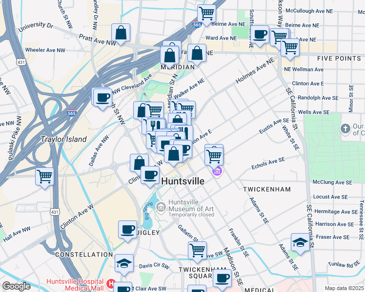map of restaurants, bars, coffee shops, grocery stores, and more near 100 Washington Street Northeast in Huntsville