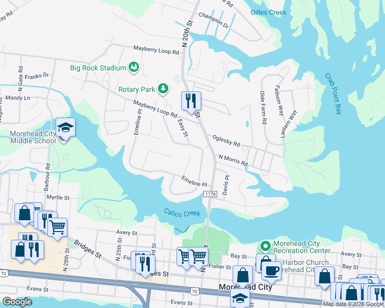 map of restaurants, bars, coffee shops, grocery stores, and more near 1001 North Yaupon Terrace in Morehead City