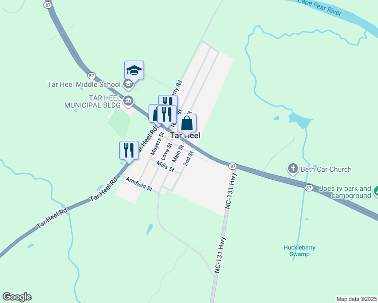 map of restaurants, bars, coffee shops, grocery stores, and more near 114 Robeson Street in Tar Heel
