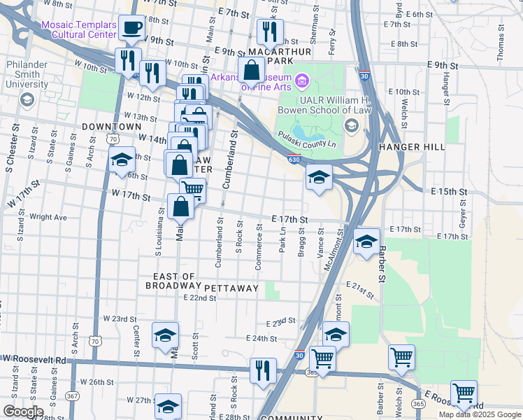 map of restaurants, bars, coffee shops, grocery stores, and more near 1616 Commerce Street in Little Rock