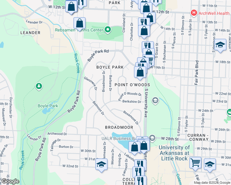 map of restaurants, bars, coffee shops, grocery stores, and more near 22 Holly Hill Road in Little Rock