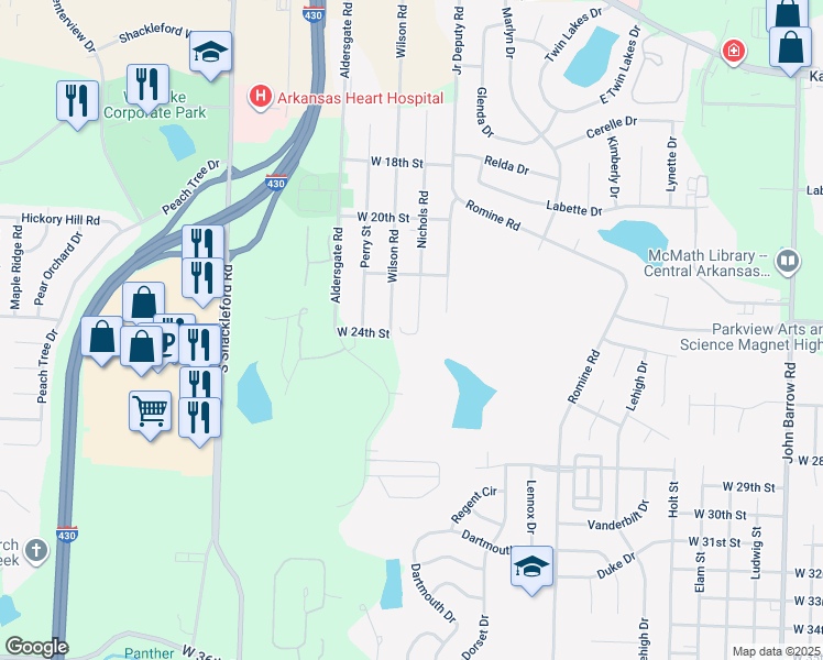 map of restaurants, bars, coffee shops, grocery stores, and more near 2225 Wilson Road in Little Rock