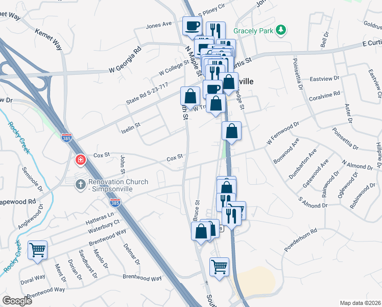 map of restaurants, bars, coffee shops, grocery stores, and more near 102 Cox Street in Simpsonville