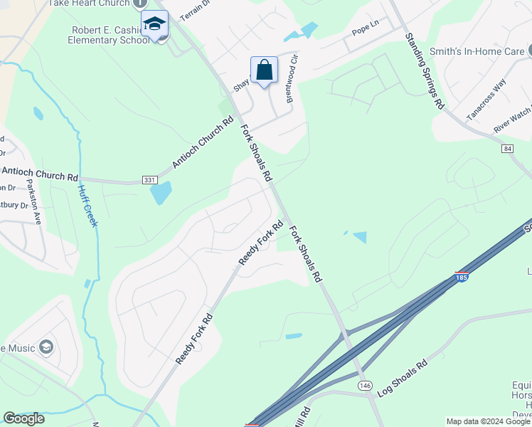 map of restaurants, bars, coffee shops, grocery stores, and more near 713 Pollyanna Drive in Greenville