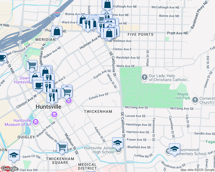 map of restaurants, bars, coffee shops, grocery stores, and more near 305 White Circle Southeast in Huntsville