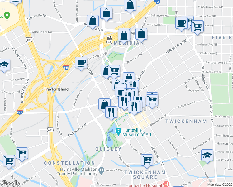 map of restaurants, bars, coffee shops, grocery stores, and more near 201 Jefferson Street North in Huntsville