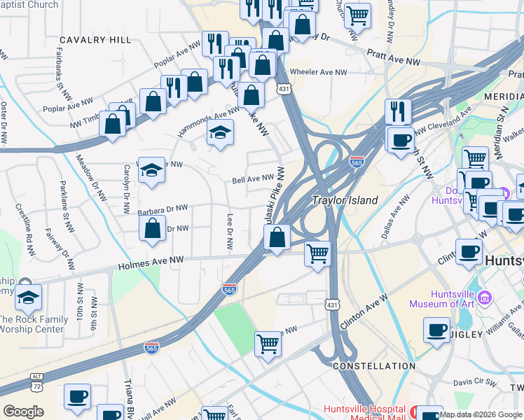map of restaurants, bars, coffee shops, grocery stores, and more near 2302 Stanley Drive Northwest in Huntsville