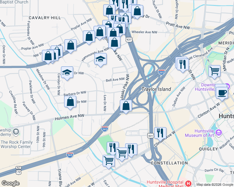 map of restaurants, bars, coffee shops, grocery stores, and more near 2302 Stanley Drive Northwest in Huntsville