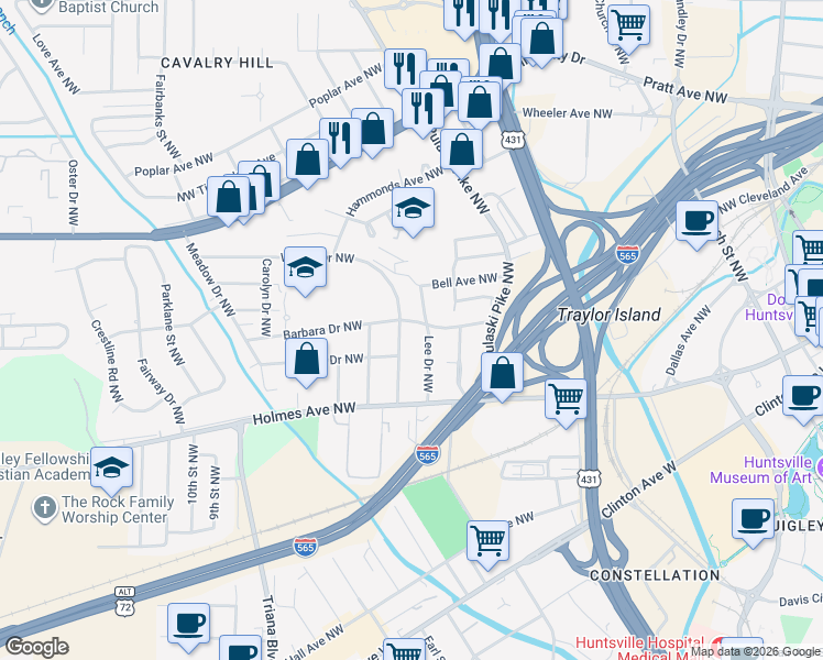 map of restaurants, bars, coffee shops, grocery stores, and more near 1004 Wilson Drive Northwest in Huntsville