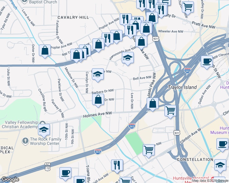 map of restaurants, bars, coffee shops, grocery stores, and more near 2704 Barbara Drive Northwest in Huntsville