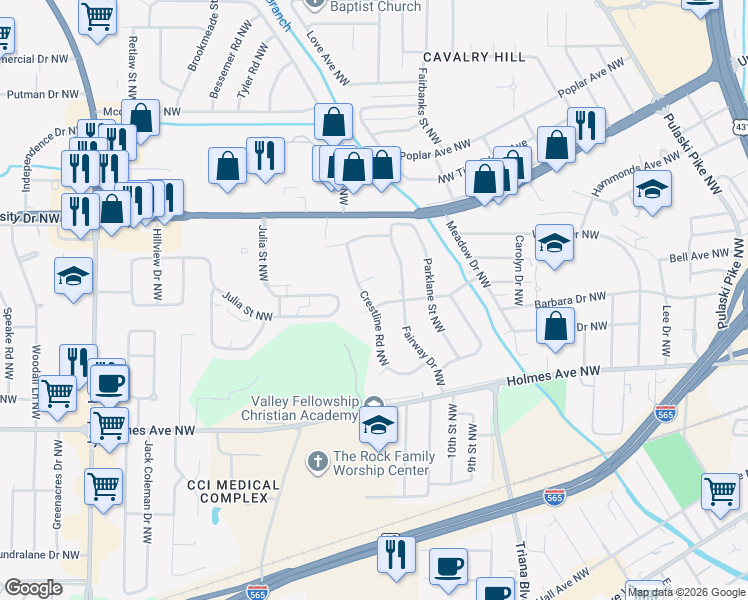 map of restaurants, bars, coffee shops, grocery stores, and more near 1007 Crestline Road Northwest in Huntsville