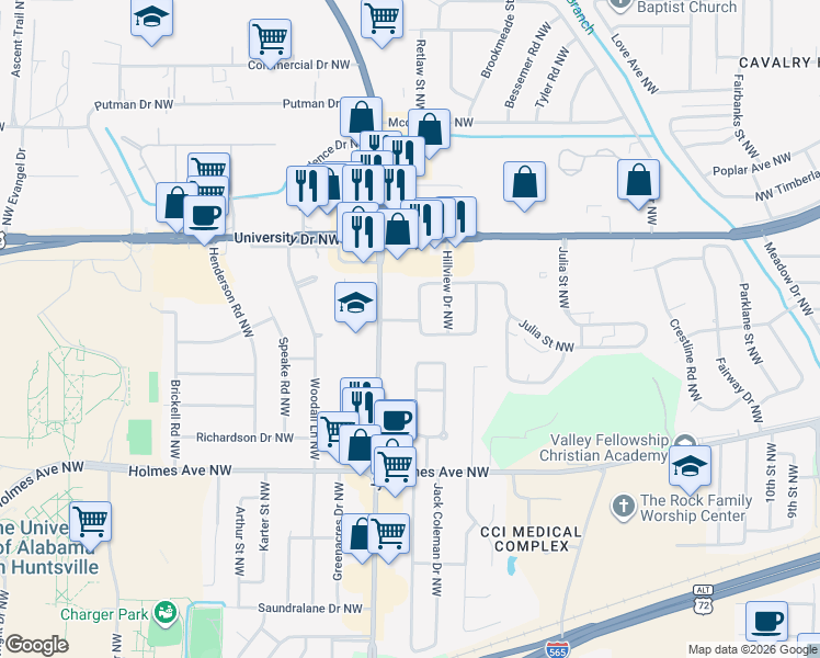 map of restaurants, bars, coffee shops, grocery stores, and more near 902 Jordan Lane Northwest in Huntsville
