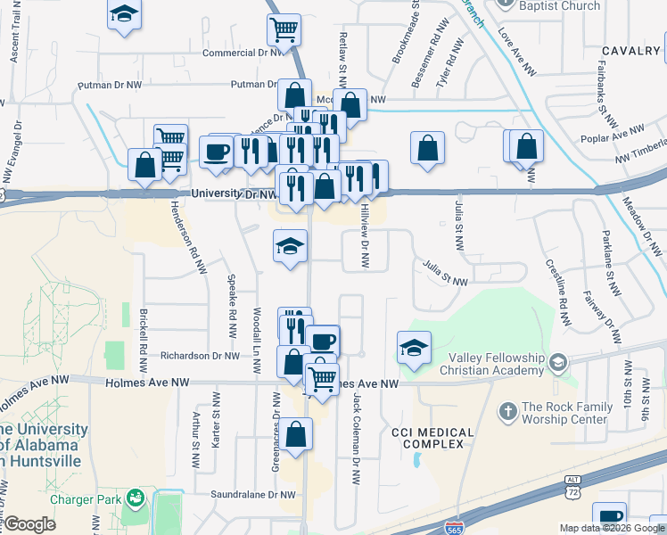 map of restaurants, bars, coffee shops, grocery stores, and more near 902 Jordan Lane Northwest in Huntsville