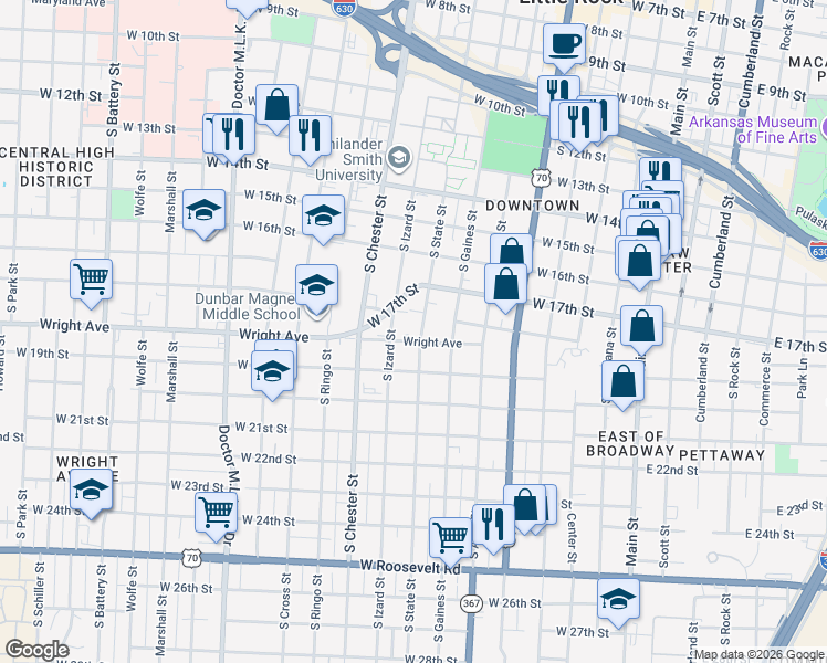 map of restaurants, bars, coffee shops, grocery stores, and more near 1801 South Izard Street in Little Rock