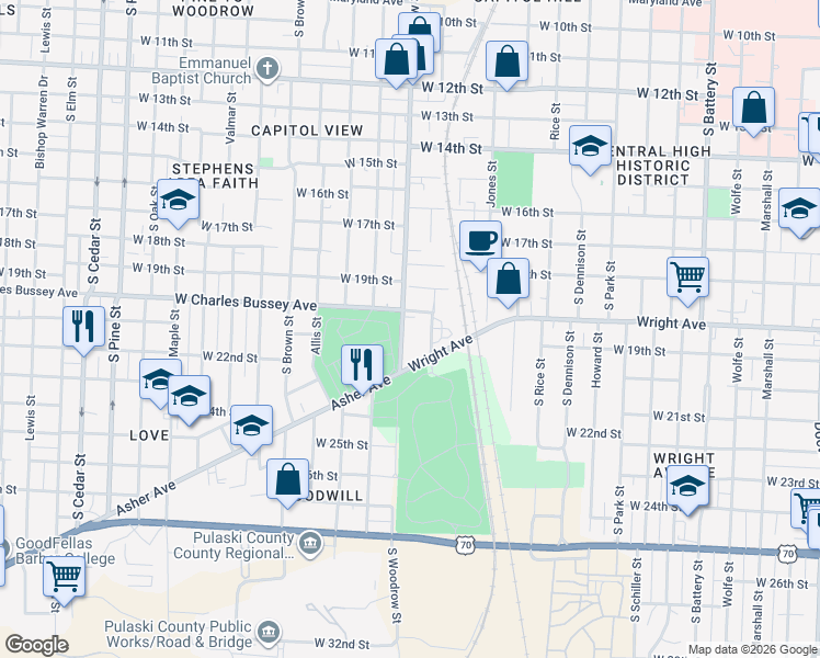 map of restaurants, bars, coffee shops, grocery stores, and more near 2005 South Woodrow Street in Little Rock