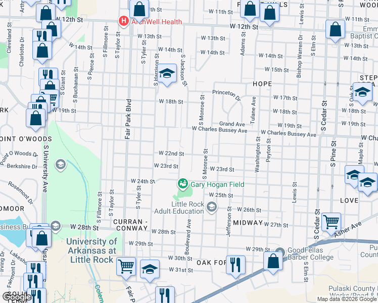 map of restaurants, bars, coffee shops, grocery stores, and more near 2108 Boulevard Avenue in Little Rock