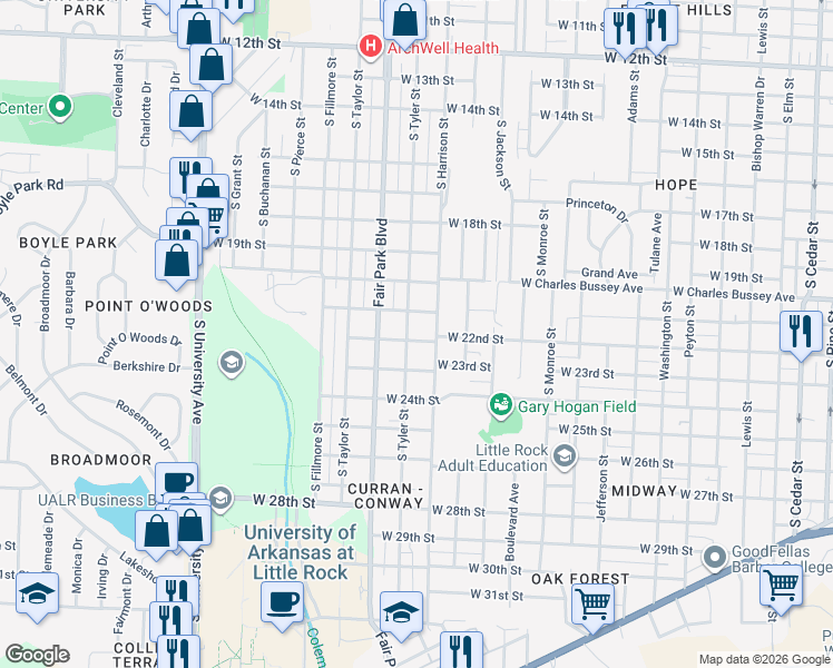 map of restaurants, bars, coffee shops, grocery stores, and more near 2100 South Tyler Street in Little Rock