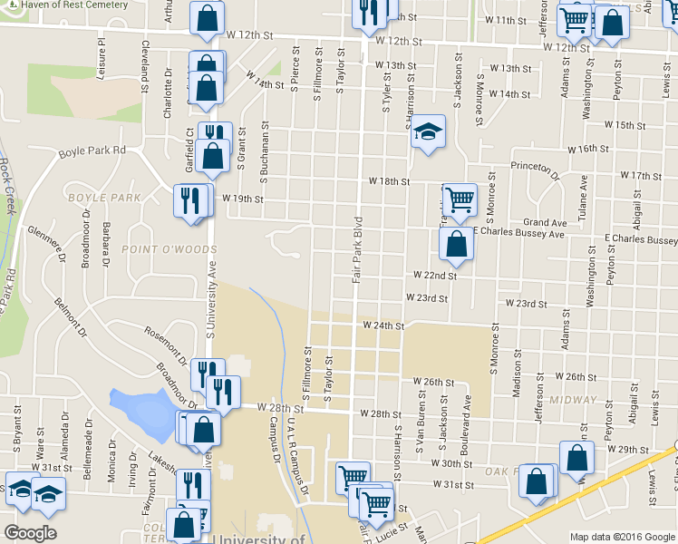 map of restaurants, bars, coffee shops, grocery stores, and more near 2105 South Taylor Street in Little Rock