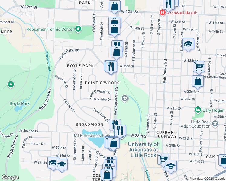 map of restaurants, bars, coffee shops, grocery stores, and more near 2001-2251 South University Avenue in Little Rock