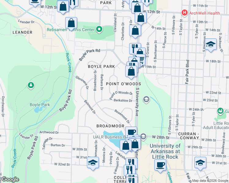 map of restaurants, bars, coffee shops, grocery stores, and more near 19 Fair Oaks Drive in Little Rock