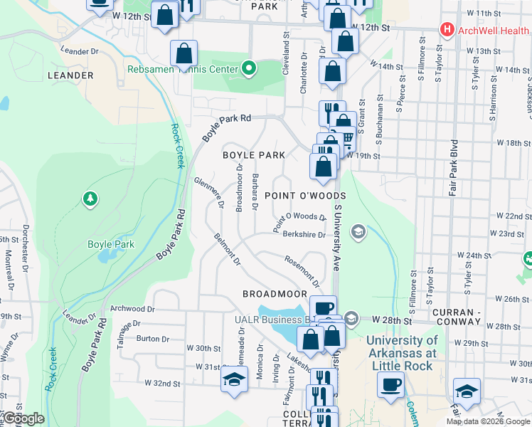 map of restaurants, bars, coffee shops, grocery stores, and more near 22 Holly Hill Road in Little Rock