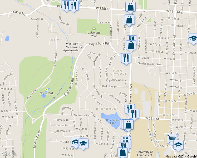 map of restaurants, bars, coffee shops, grocery stores, and more near 74 Broadmoor Drive in Little Rock