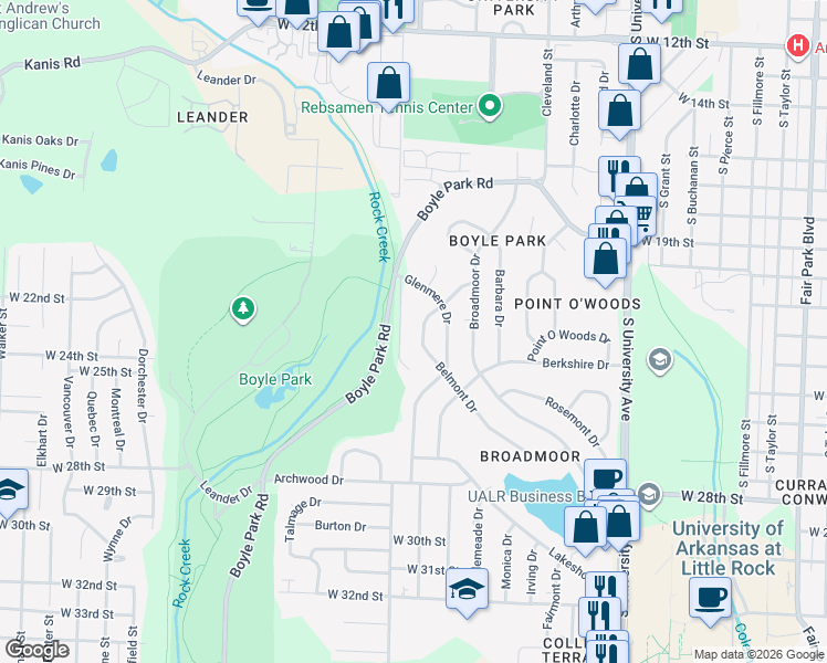 map of restaurants, bars, coffee shops, grocery stores, and more near 2201 Ridge Park Drive in Little Rock
