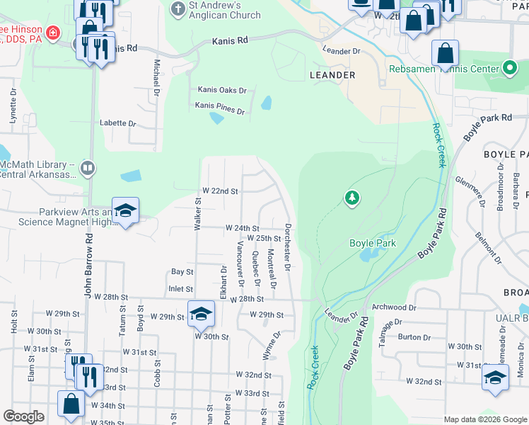 map of restaurants, bars, coffee shops, grocery stores, and more near 12 Woodwind Drive in Little Rock