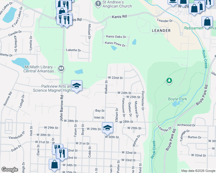 map of restaurants, bars, coffee shops, grocery stores, and more near 8212 West 23rd Street in Little Rock