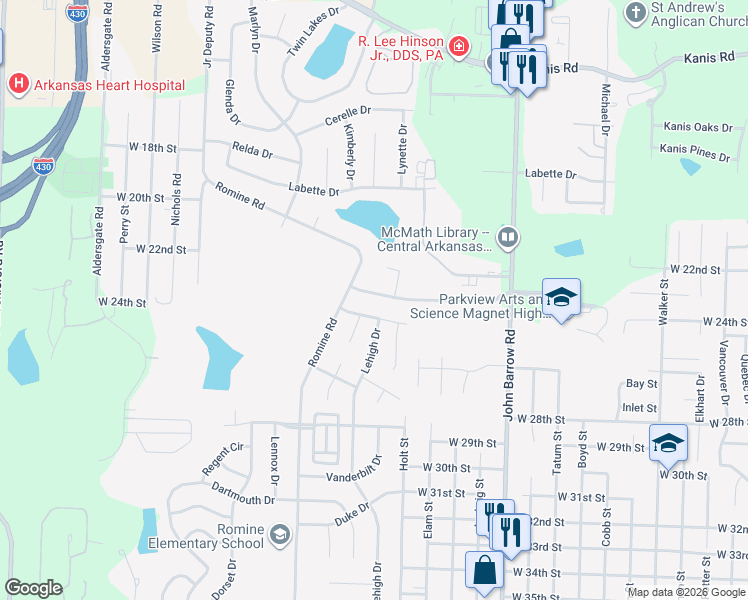 map of restaurants, bars, coffee shops, grocery stores, and more near 9320 Tanya Drive in Little Rock