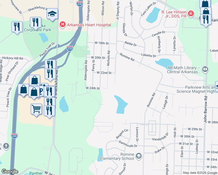 map of restaurants, bars, coffee shops, grocery stores, and more near 2300 Junior Deputy Road in Little Rock